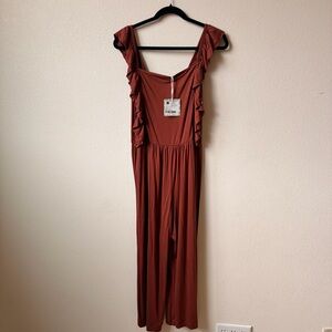 NEW Kate Quinn M Women’s Pinafore Ruffle Jumpsuit in Deep Cinnamon Bamboo